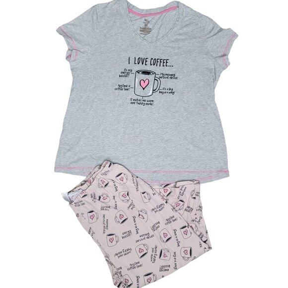 Secret Treasures Women's Pajama Set XL Gray Top & Pink Coffee Cup Print Pants - Picture 2 of 6